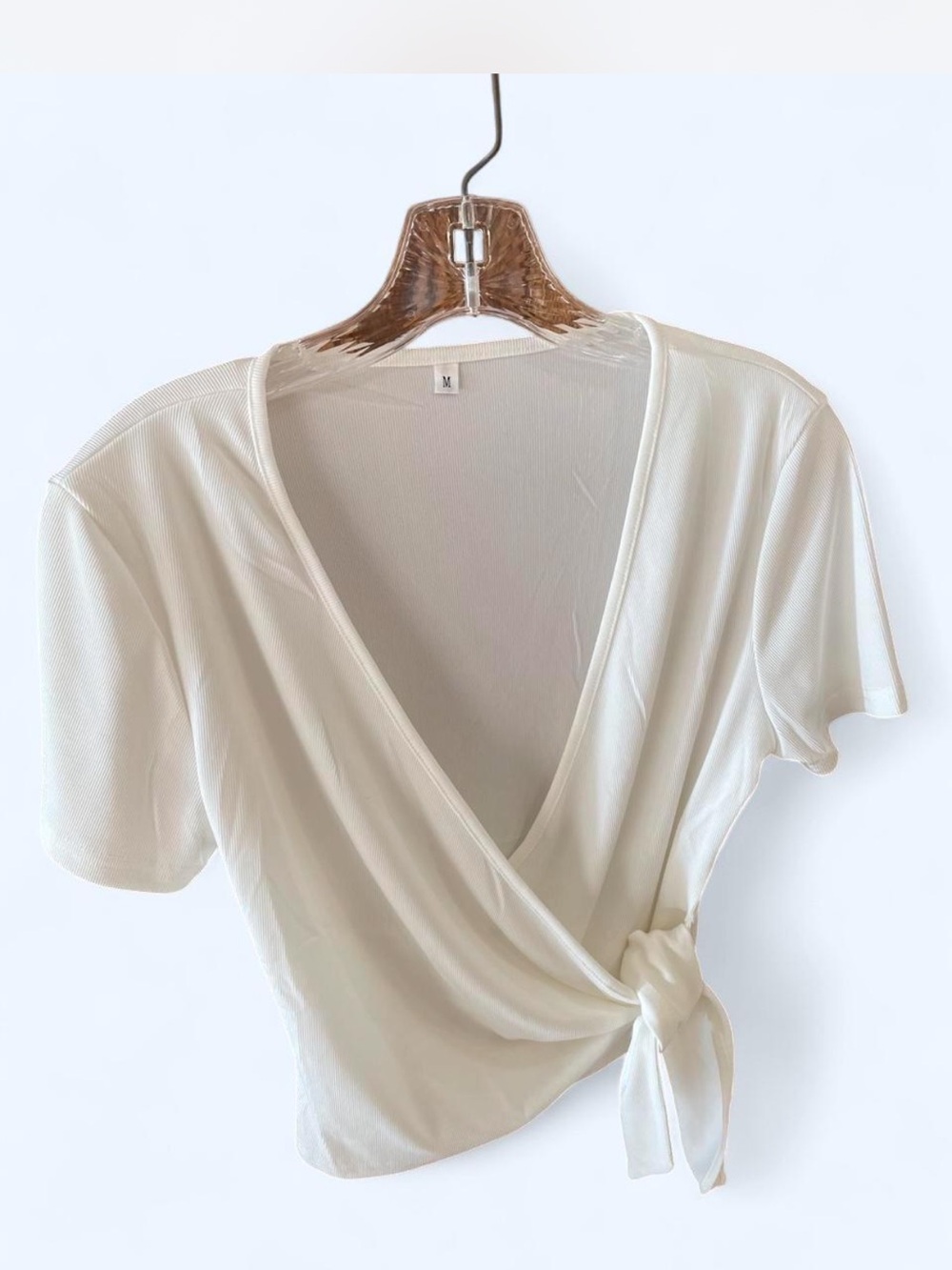Women's White Wrap Tie Short Sleeve Top